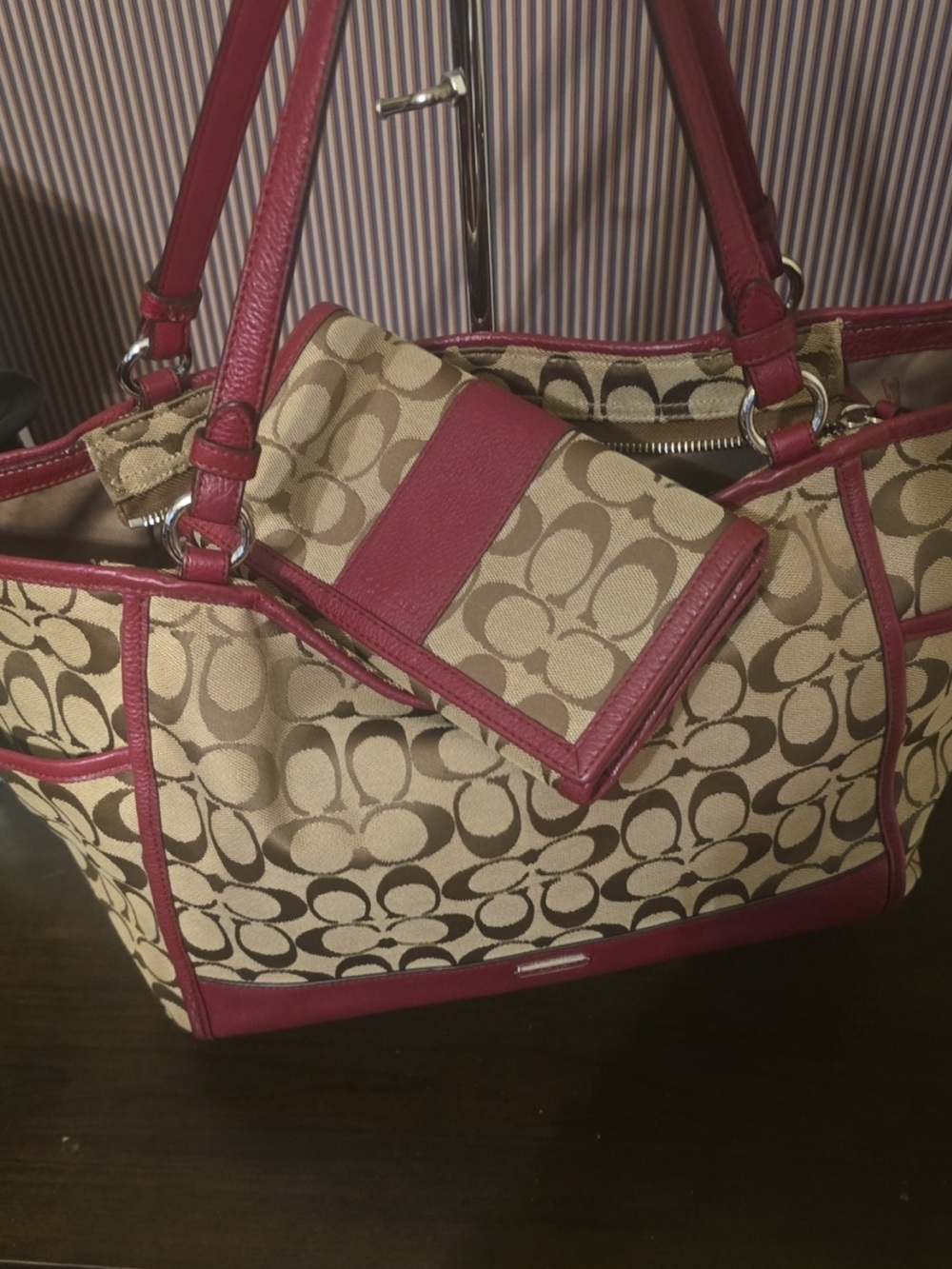 Coach Beige Signature Canvas Tote with Red Trim